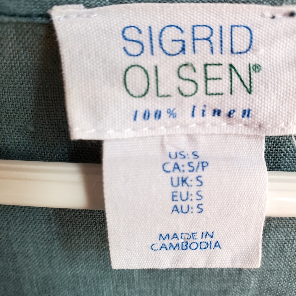 Sigrid Olsen Soft Green Linen Long Sleeve Button Front Peplum Top Size Small - Picture 2 of 9